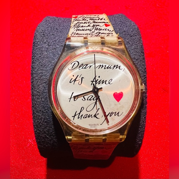 Swiss vintage Swatch Thank You Watch with Red Heart and Script Design